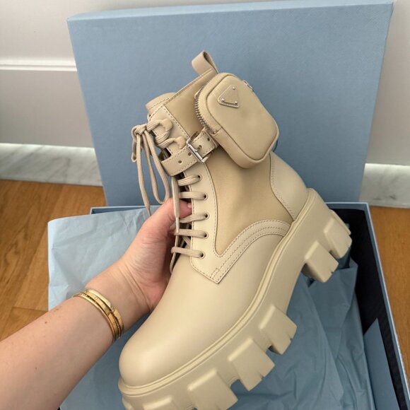 Prada Monolith Platform Combat Boots Re-nylon Leather In Deserto Pouch Pockets - Picture 4 of 12